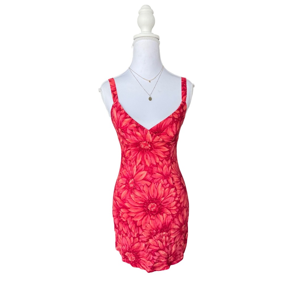 Aqua Blues Floral Mini Dress Vintage Y2K 90s Red Pink Sun Dress Size 3